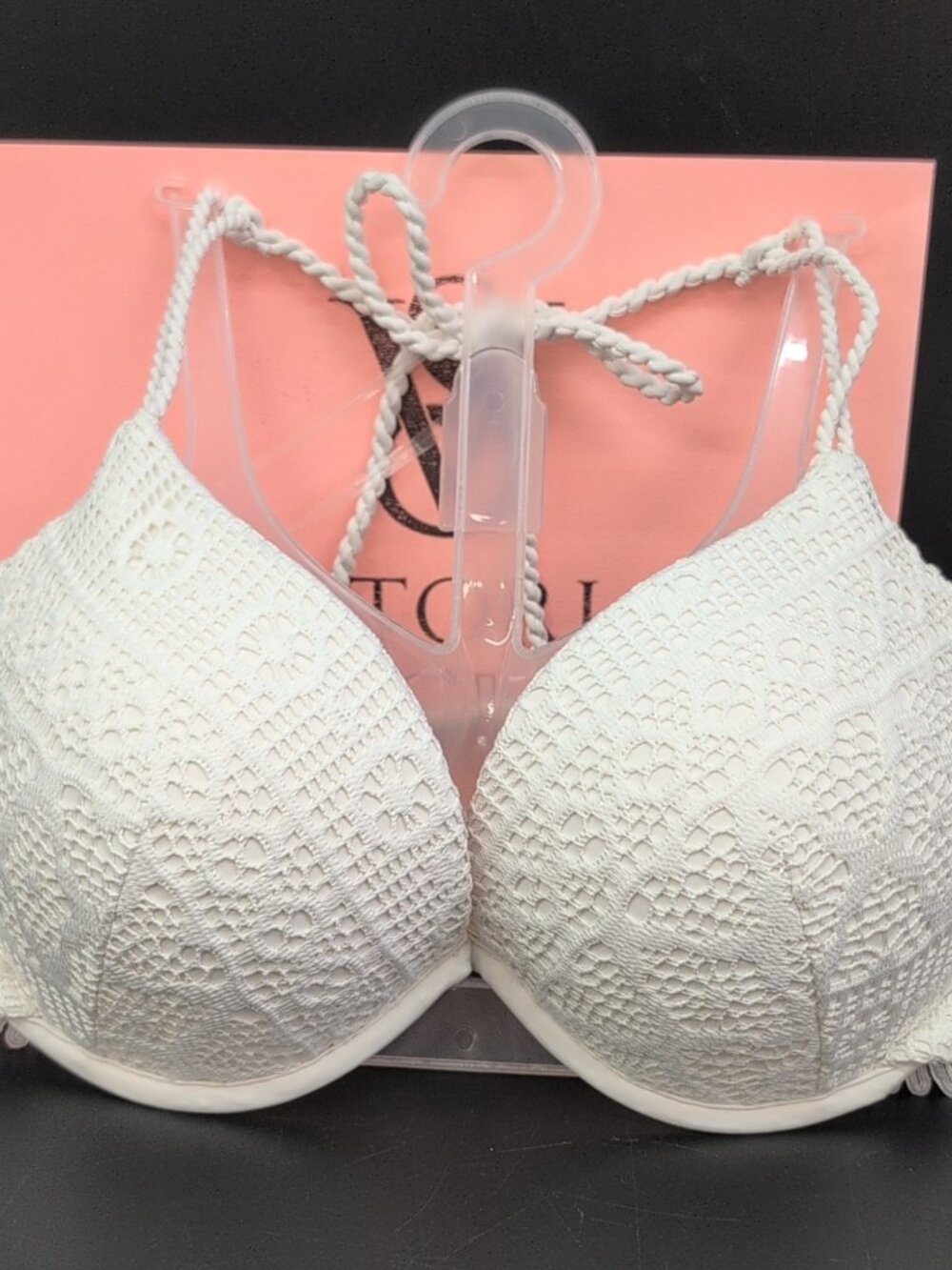 Victoria's Secret Crochet Lace Push-Up Halter Bikini Top 34DD White NWT